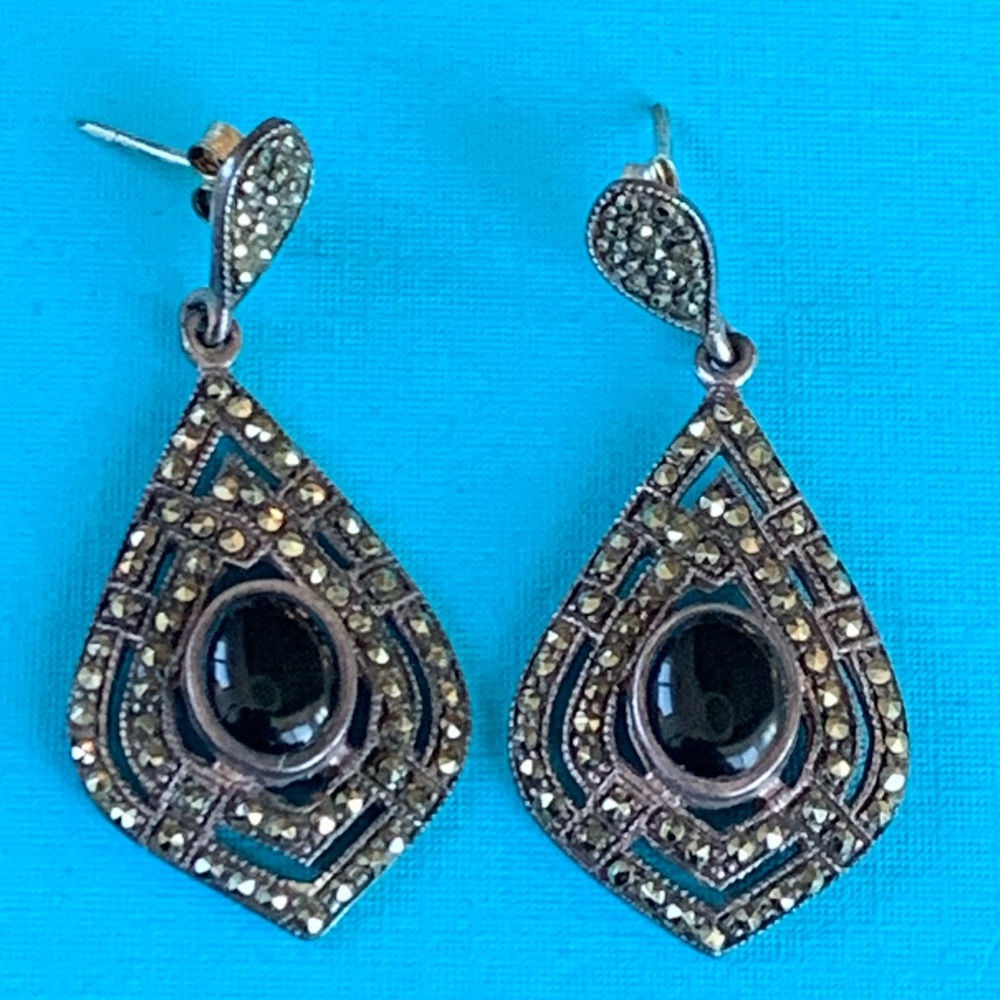 Onyx and marcasite art deco style drop earrings